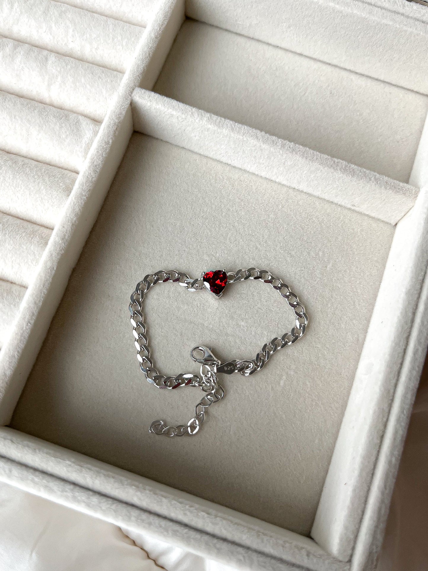 Silver Garnet Heart Bracelet