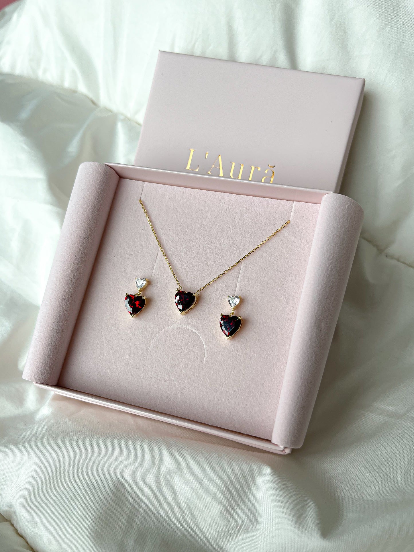 Gold Garnet Heart Earrings