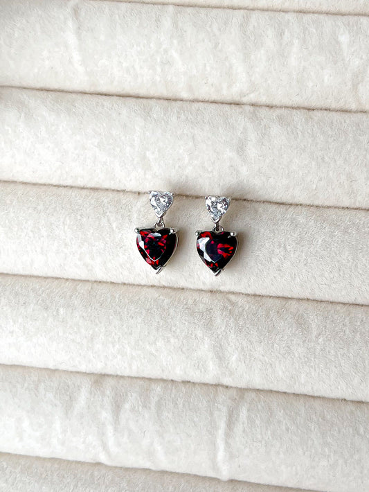 Silver Garnet Heart Earrings