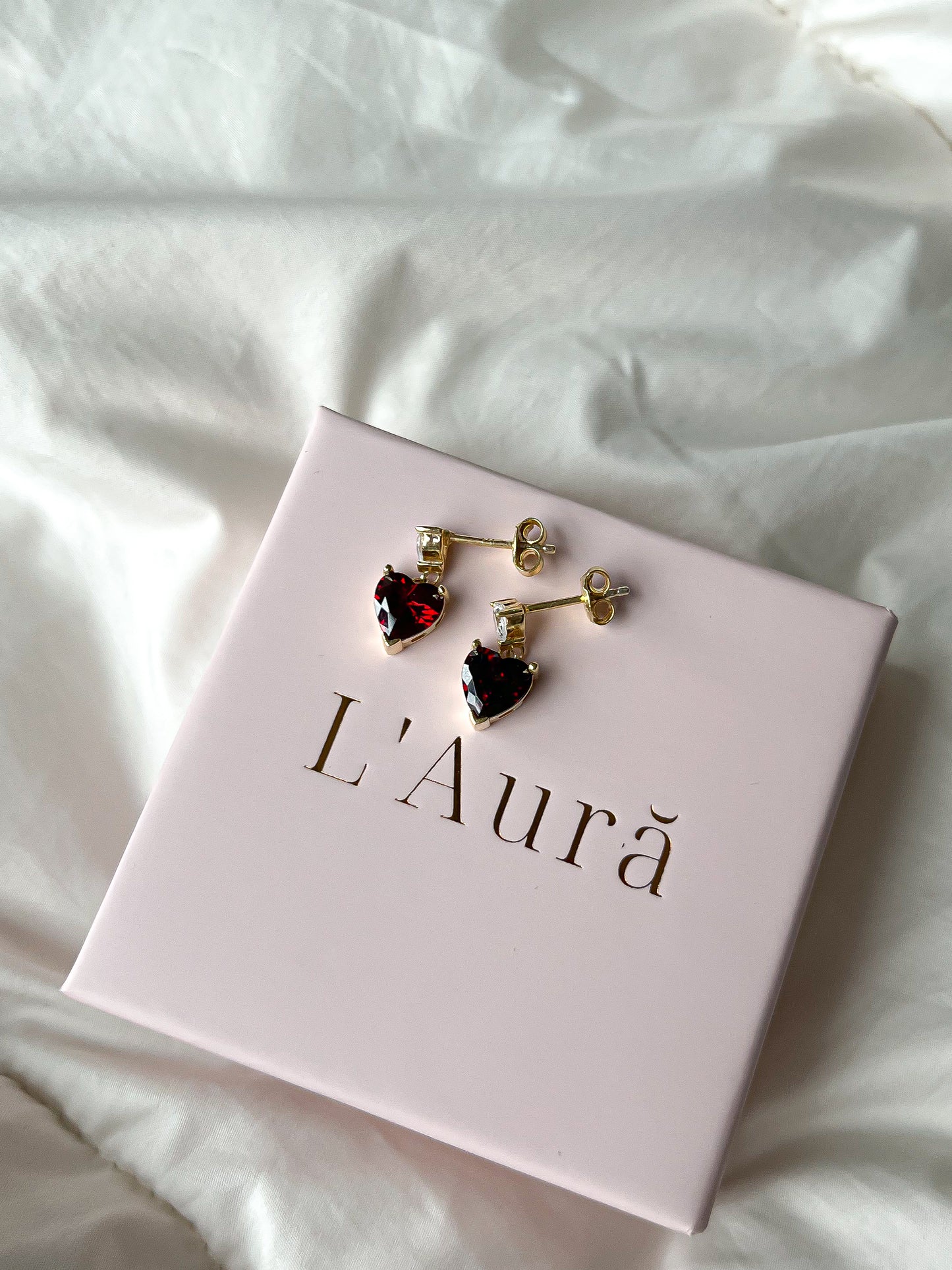 Gold Garnet Heart Earrings