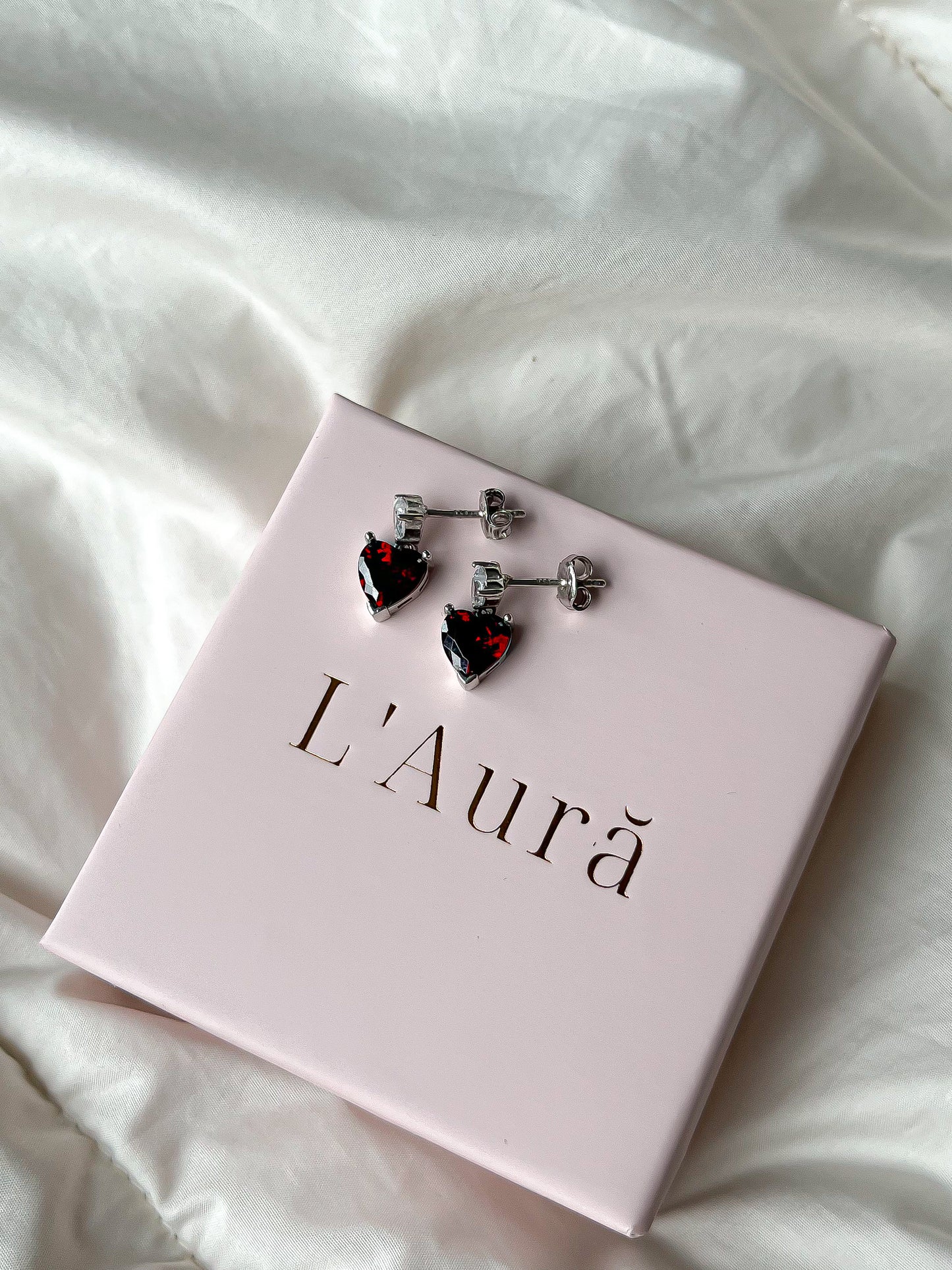 Silver Garnet Heart Earrings